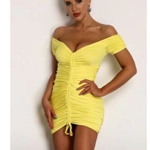 Bright Yellow Ruched Off Shoulder Bodycon Fitted Dress